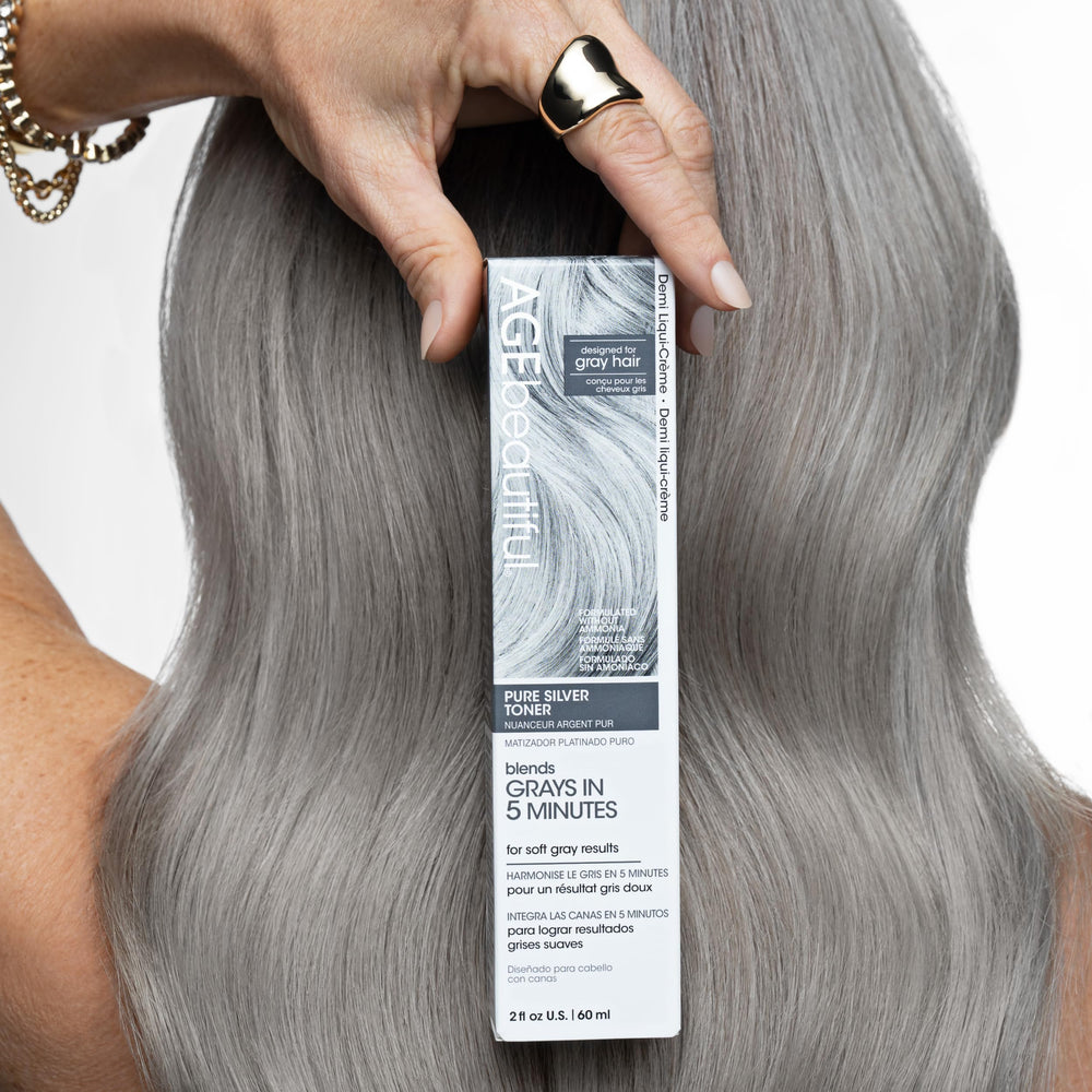 AGE beautiful Pure Silver Demi Liqui-Creme Toner application clip shows quick 5-minute toning.