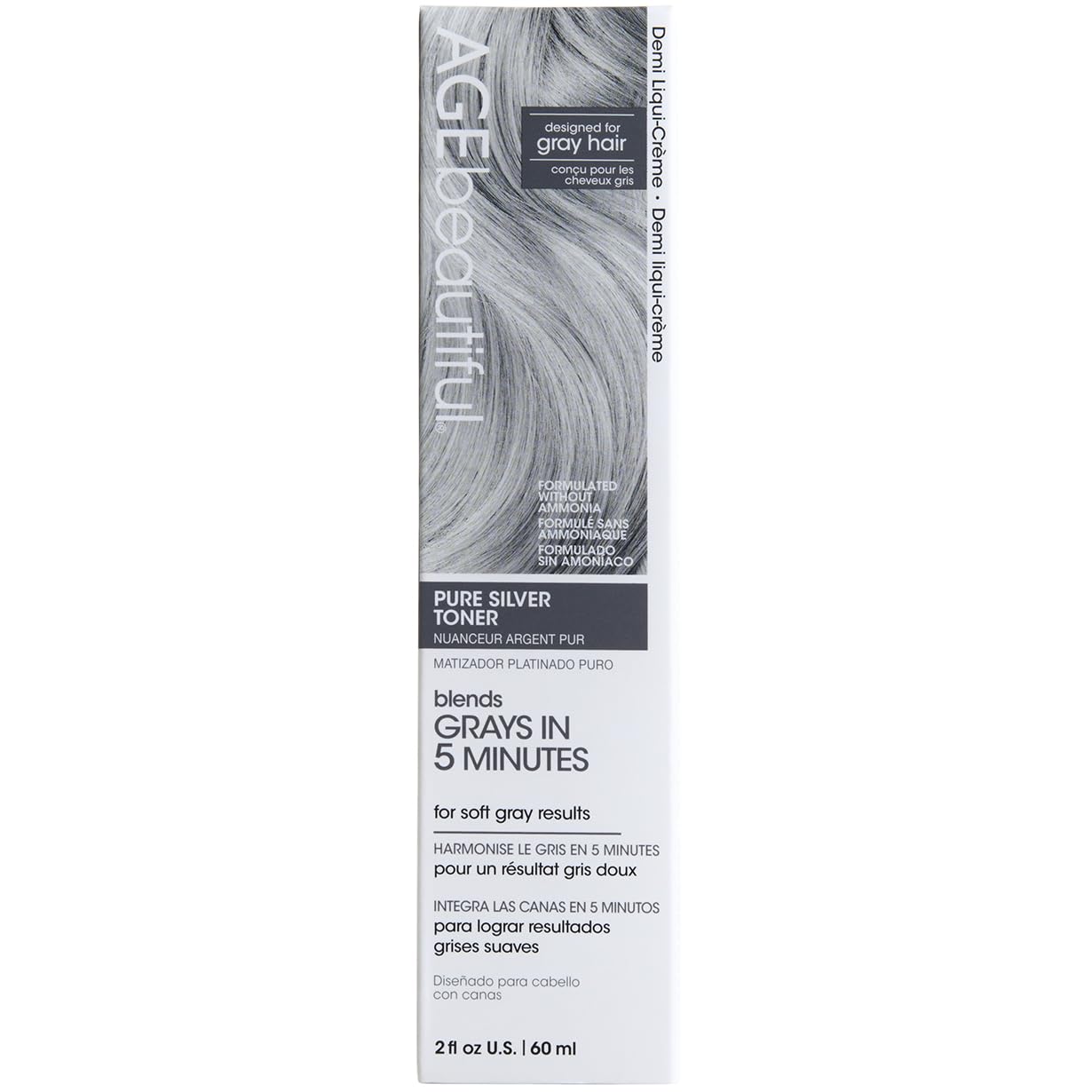 AGE beautiful Pure Silver Demi Liqui-Creme Toner bottle demonstrates fast gray toning and brassiness control.
