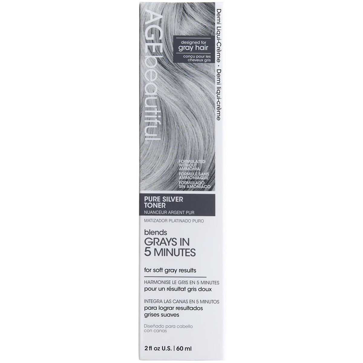 AGE beautiful Pure Silver Demi Liqui-Creme Toner bottle demonstrates fast gray toning and brassiness control.
