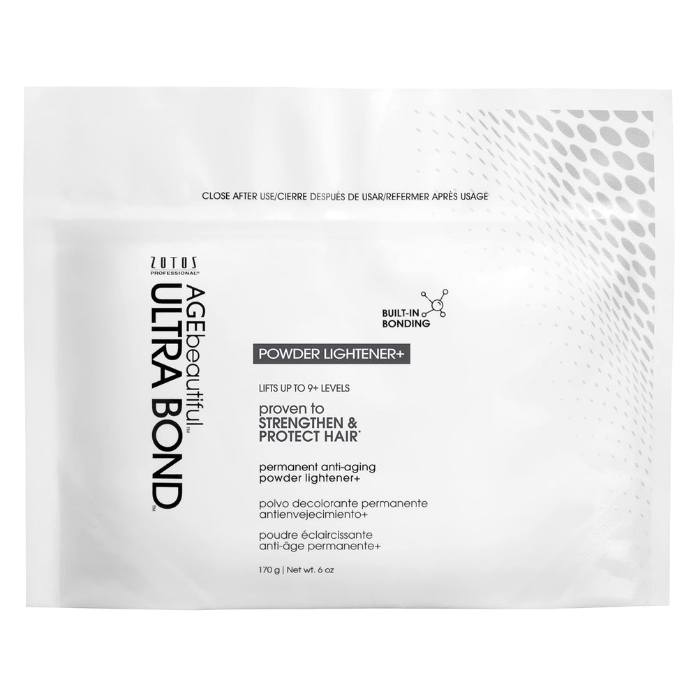 AGE beautiful Ultra Bond Powder Lightener tub with built-in bonding for strong, protected lift.