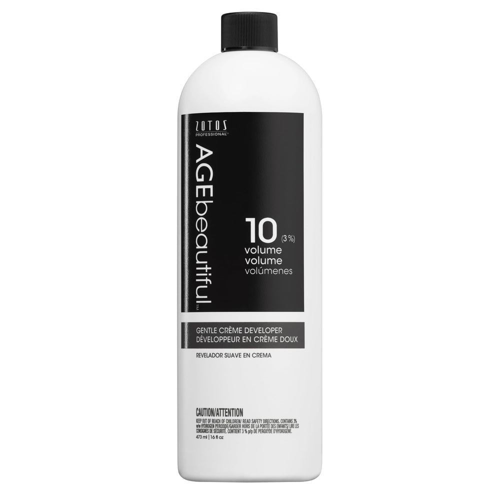 AGEbeautiful 10 Volume Gentle Creme Developer bottle shows smooth cream consistency for an even lift.