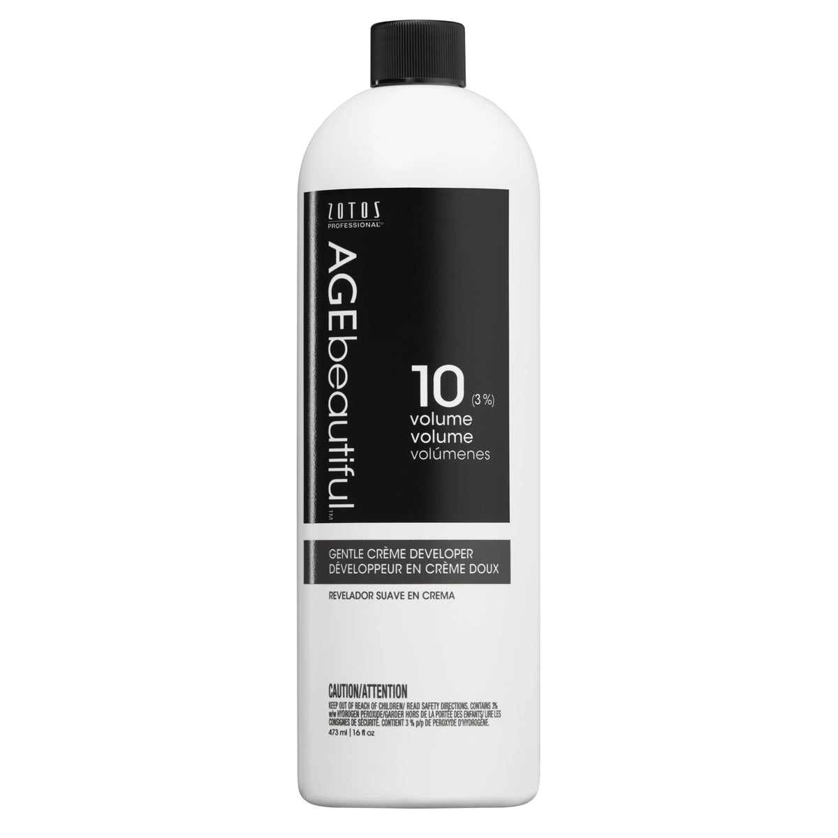 AGEbeautiful 10 Volume Gentle Creme Developer bottle shows smooth cream consistency for an even lift.