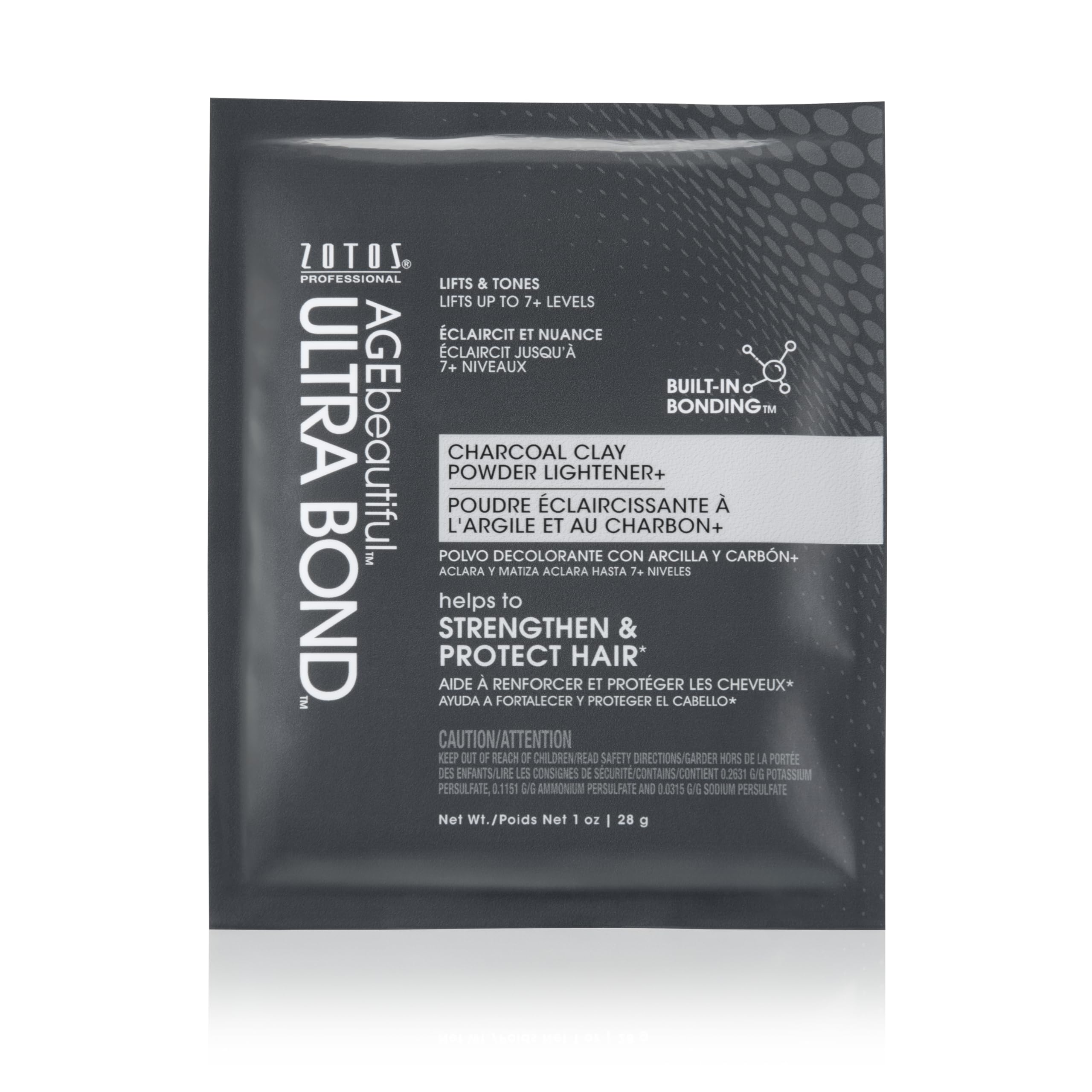 AGEbeautiful Charcoal Clay Powder Lightener packaging shows built-in bonding for stronger color and smoother processing.