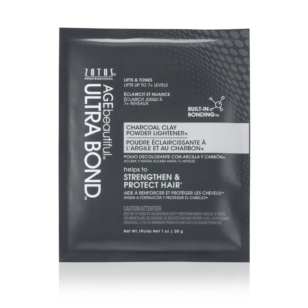 AGEbeautiful Charcoal Clay Powder Lightener packaging shows built-in bonding for stronger color and smoother processing.
