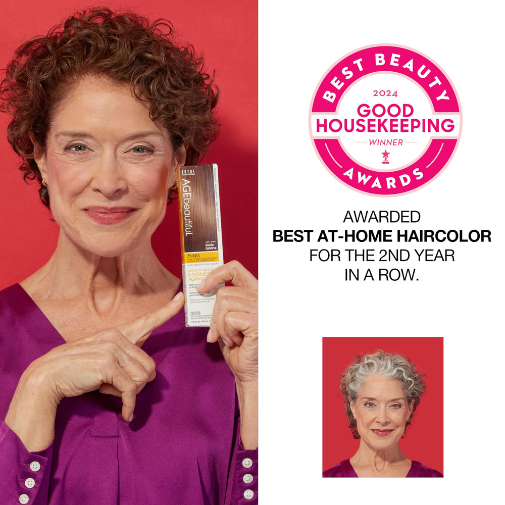 AGEbeautiful gray coverage visual showing anti-aging color benefits.