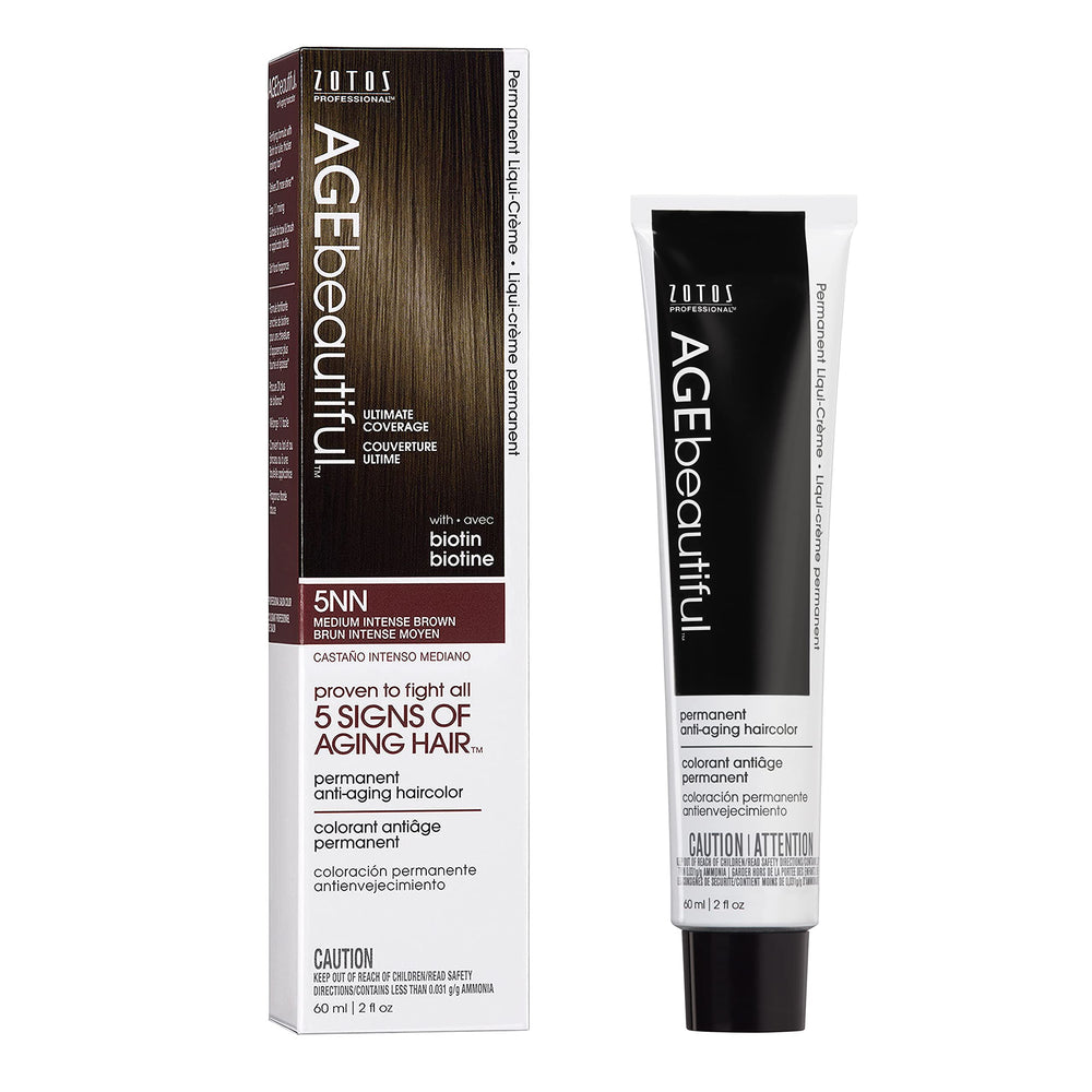 AGEbeautiful Liqui Creme 5NN bottle showing medium-intense brown gray coverage.