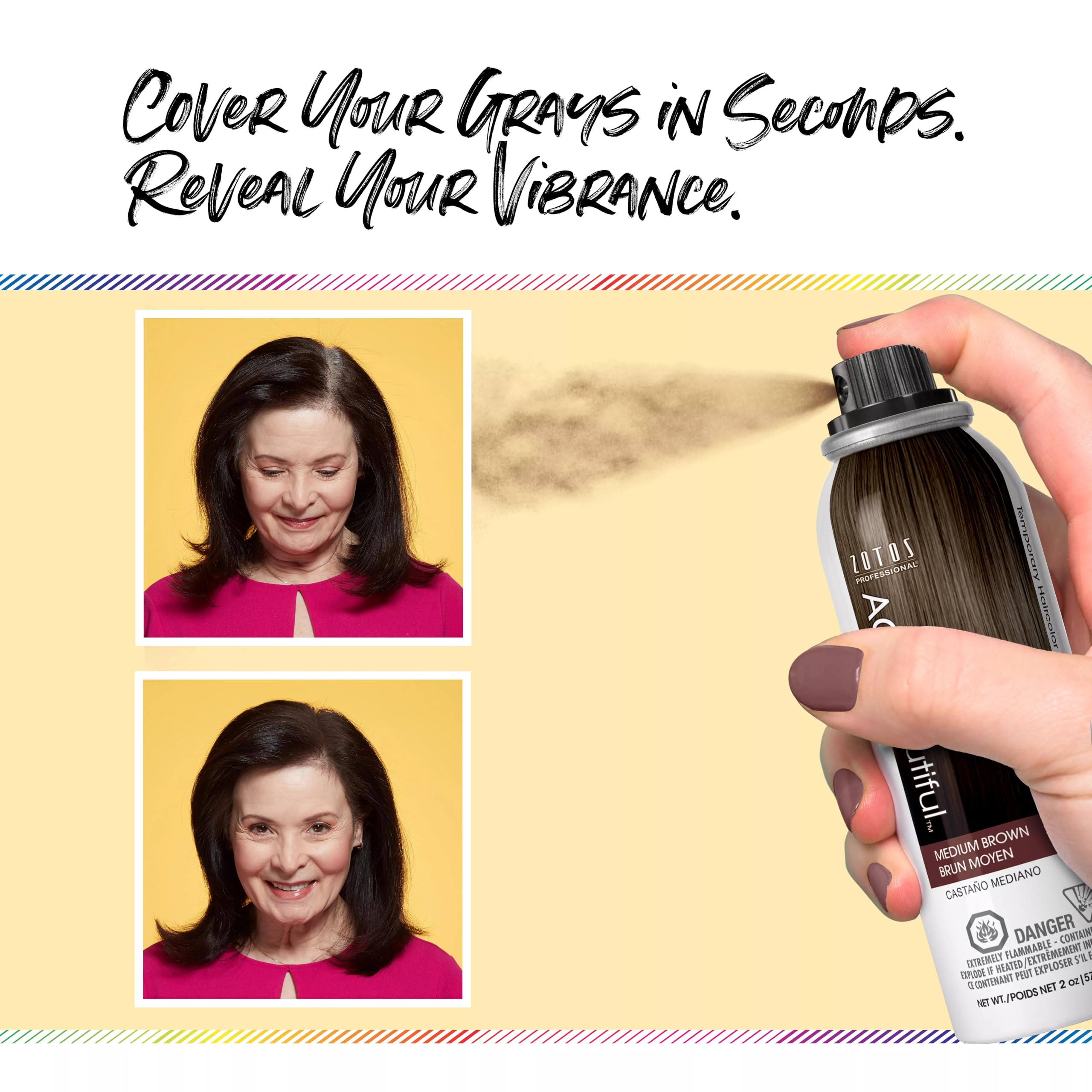 AGEbeautiful Root Touch-Up Spray on thinning patches for a natural, fuller look.