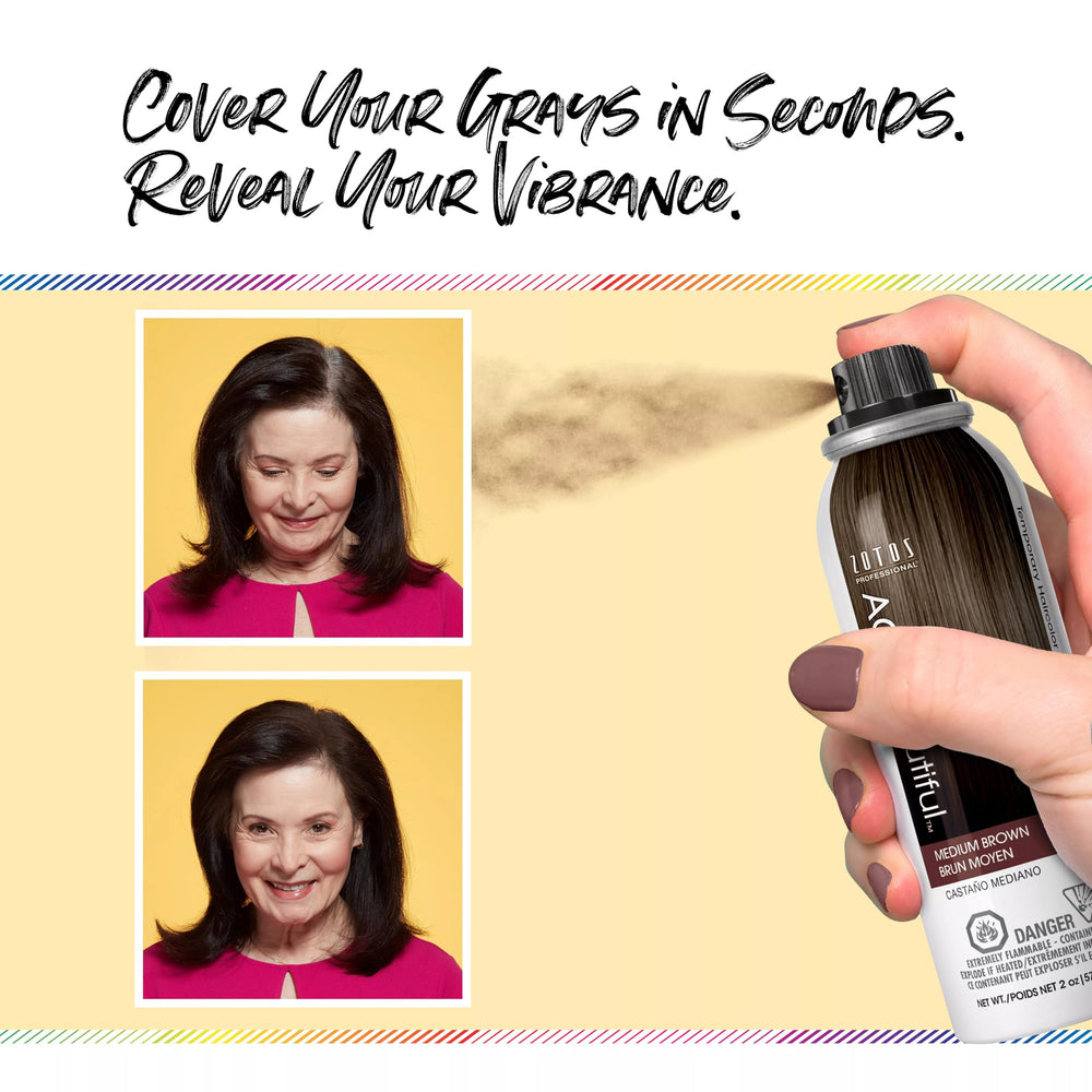 AGEbeautiful Root Touch-Up Spray on thinning patches for a natural, fuller look.