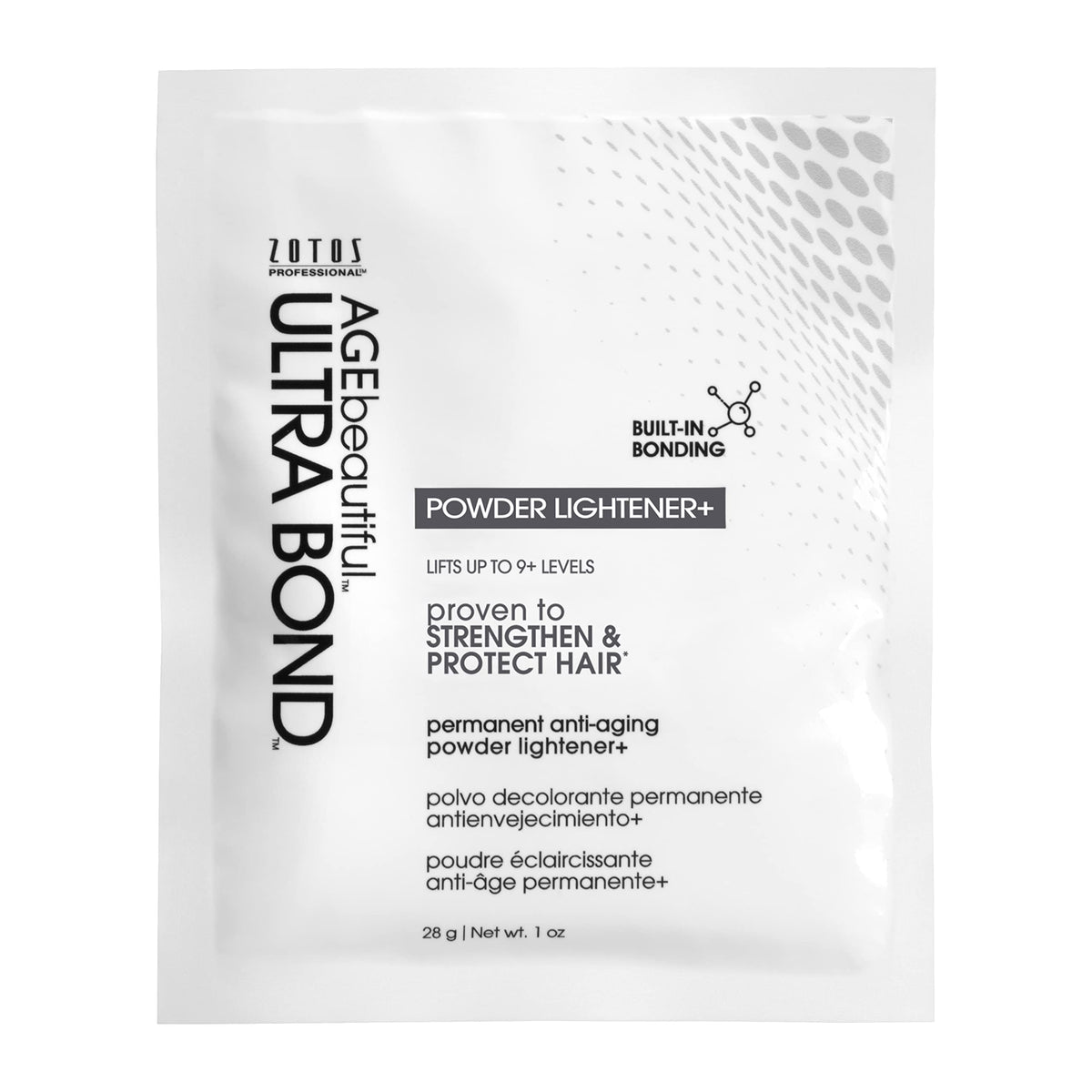 AGEbeautiful Ultra Bond Powder Lightener+ packaging with blue tones for even lift.