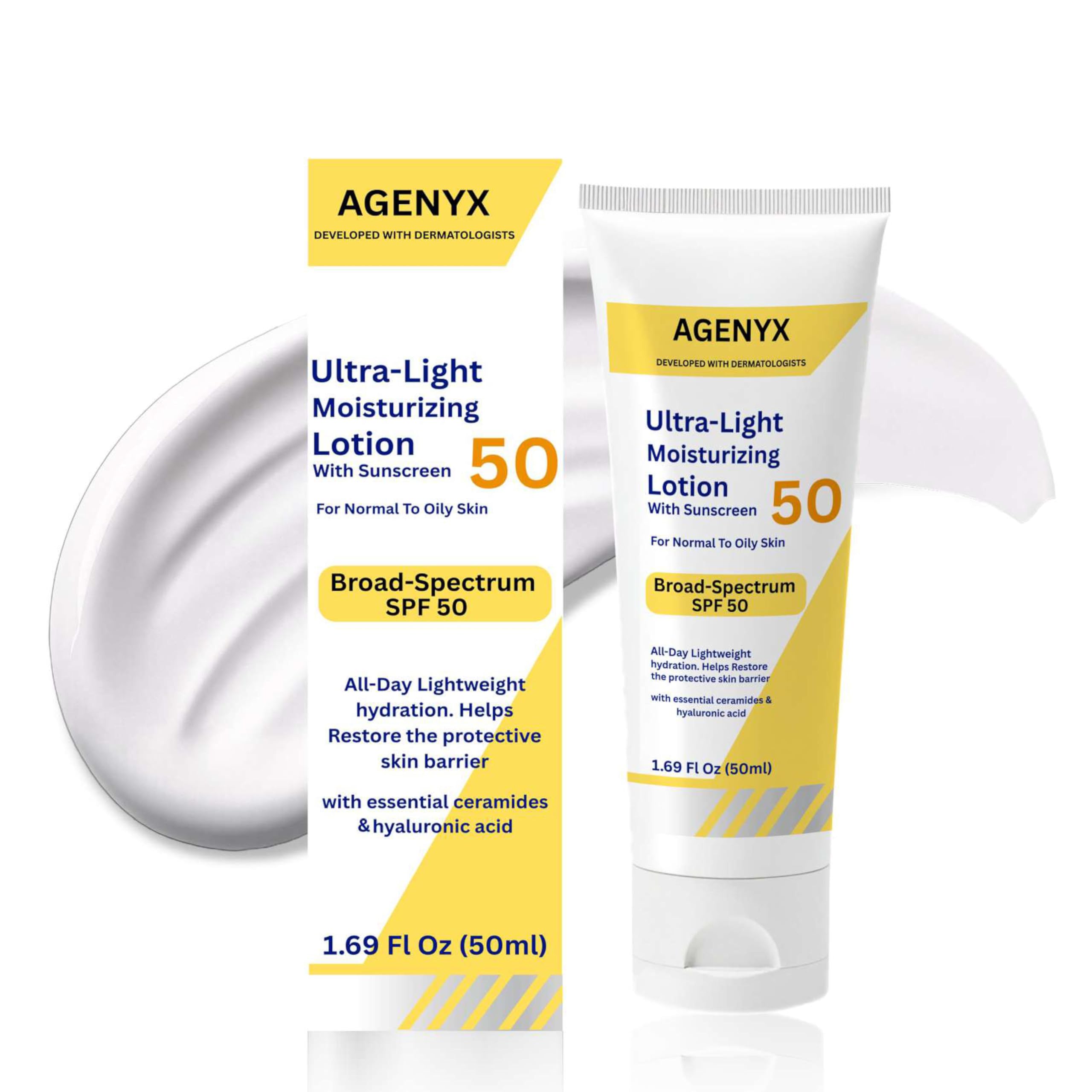 Agenyx daily SPF 50 moisturizer bottle with pump for quick, lightweight hydration.