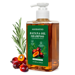 Agodafoo Batana Shampoo, botella visible, mejora la vitalidad y fuerza del cabello.