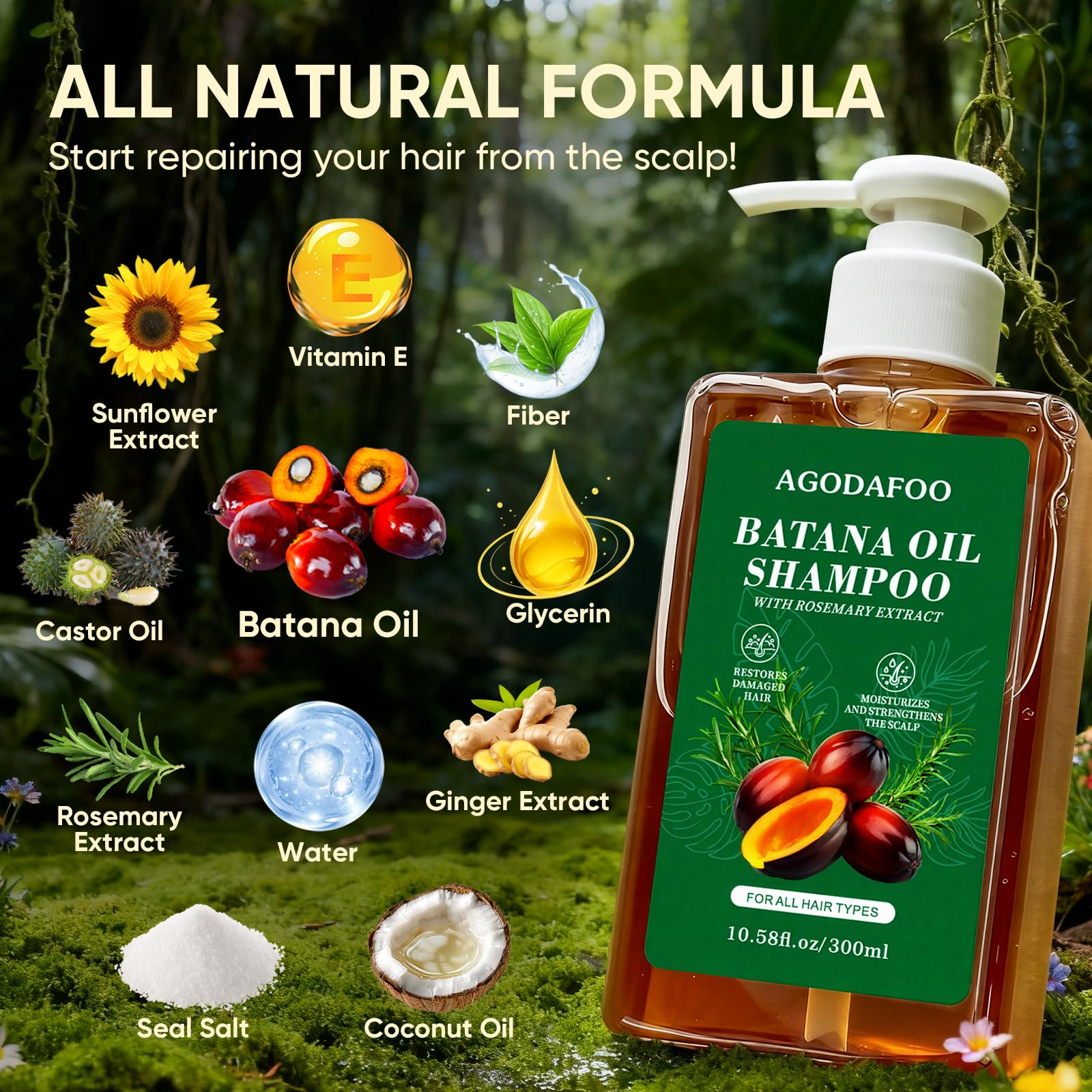 Agodafoo Batana Shampoo, reparación de daños, mejora la textura y cuerpo del cabello.