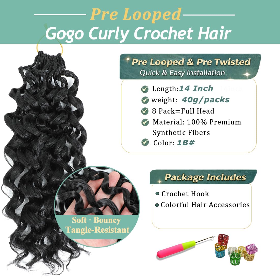 Agstgla Gogo Curl pre-twisted 14in crochet hair for easy install.