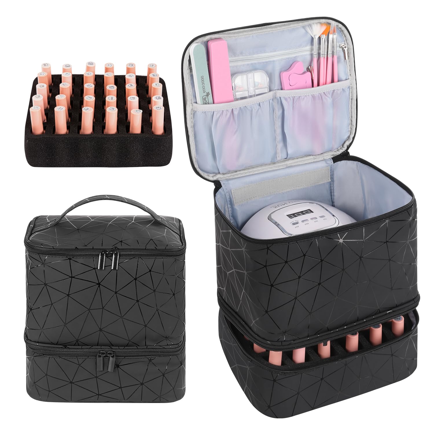 AGX Bravo nail polish storage organizer with double layer design protects bottles during transport.