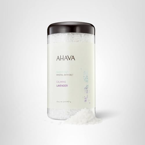 AHAVA lavender fragrance with mineral salts in a serene bath scene for relaxation.
