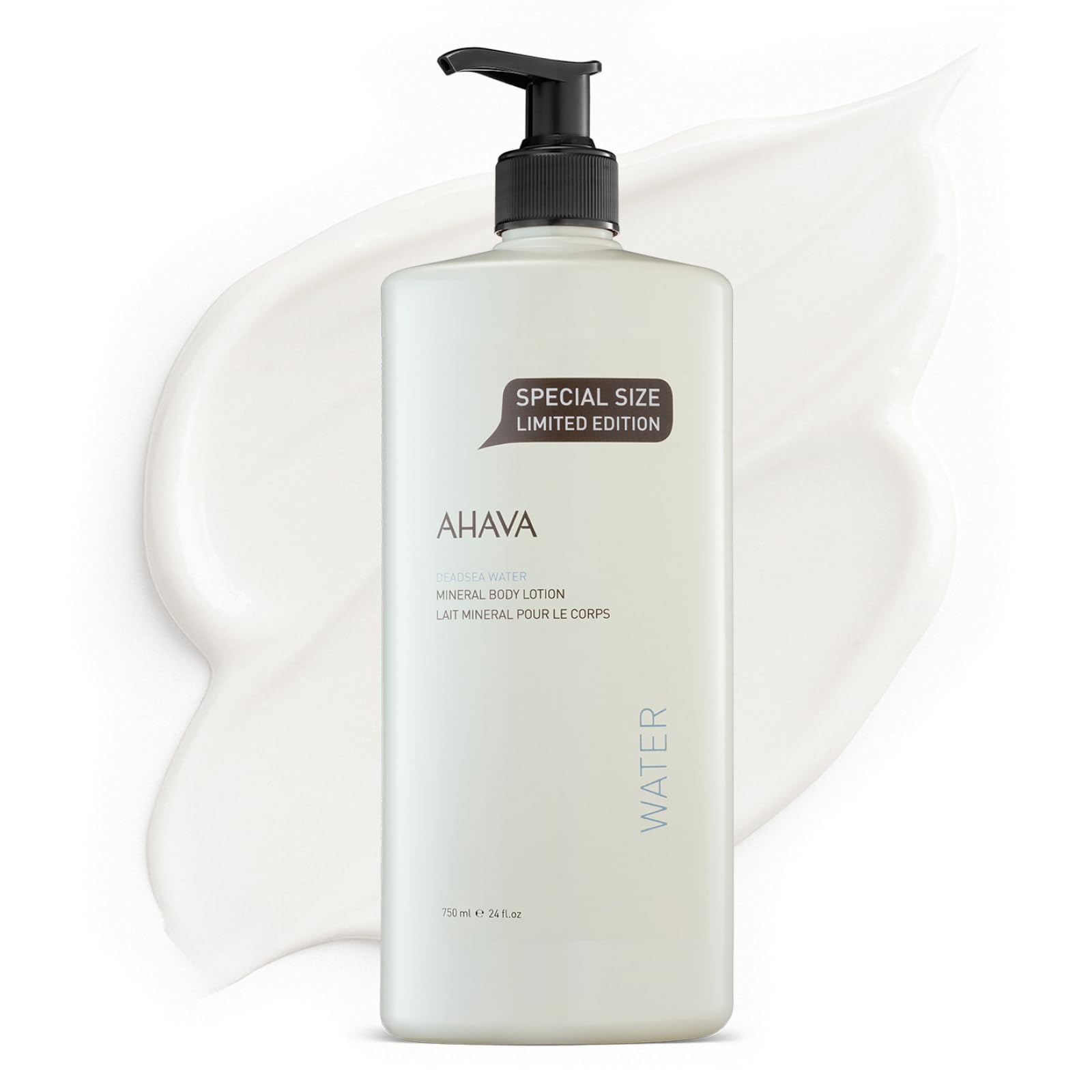 AHAVA Dead Sea Mineral Body Lotion bottle on a bathroom shelf showing daily hydration potential
