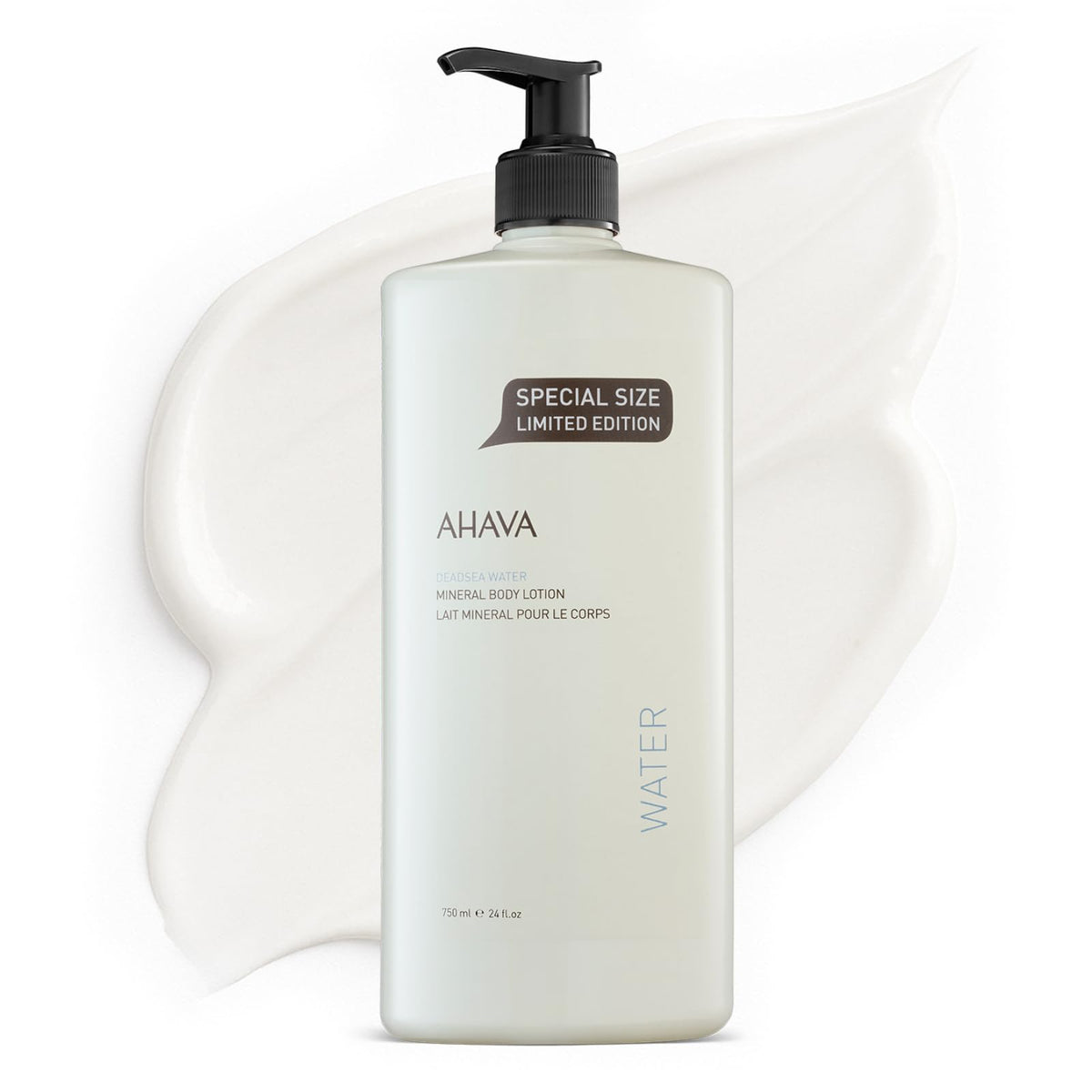 AHAVA Dead Sea Mineral Body Lotion bottle on a bathroom shelf showing daily hydration potential