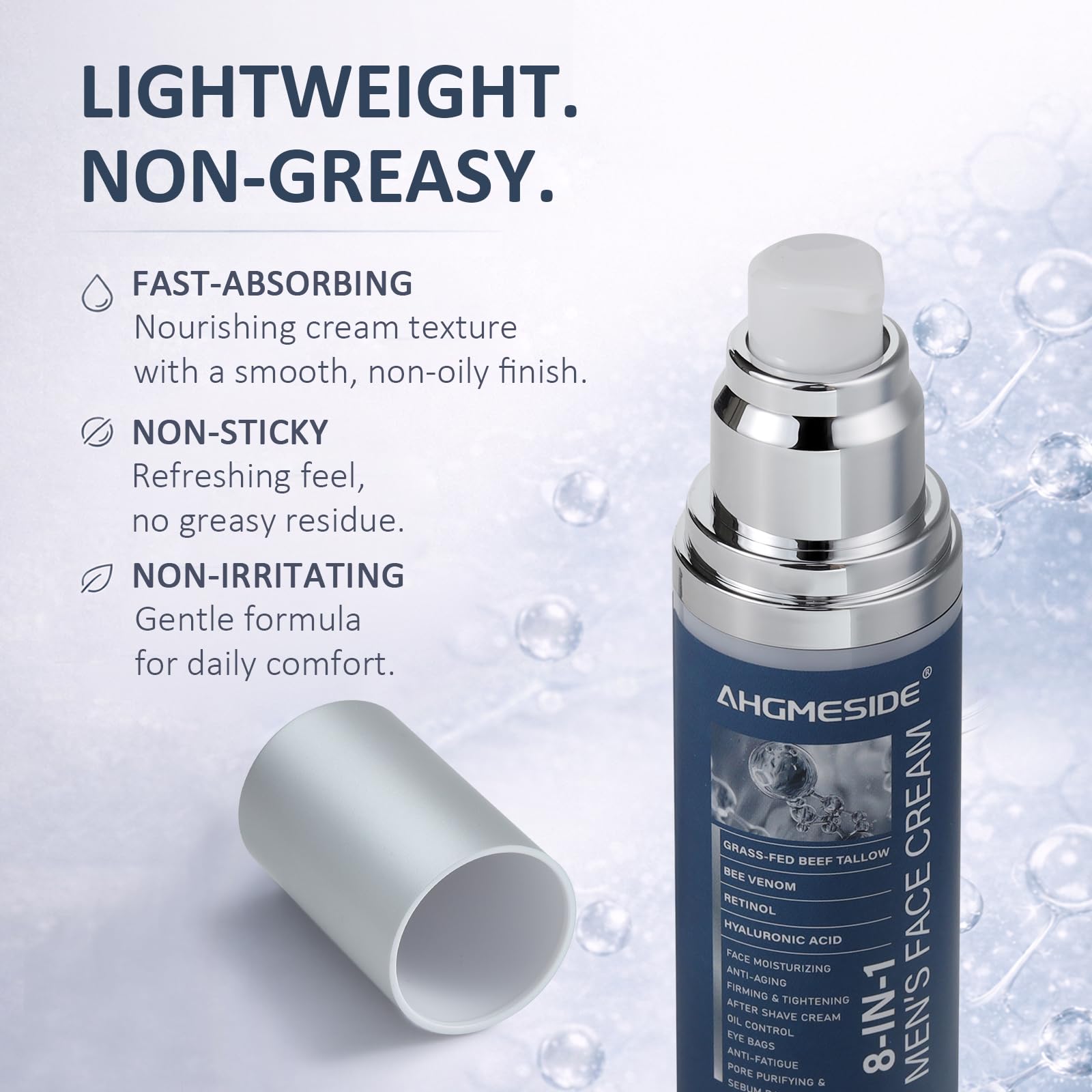 Uso diurno y nocturno de Ahgmeside crema para piel masculina.