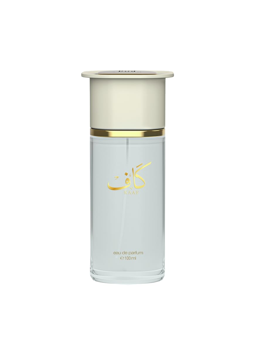 Ahmed Al Maghribi Kaaf unisex perfume bottle, front view, conveys calm confidence.