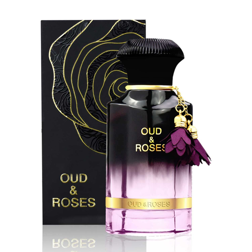 Ahmed Oud and Roses bottle close-up, rich woody-floral balance for any time