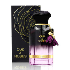 Ahmed Oud and Roses bottle close-up, rich woody-floral balance for any time