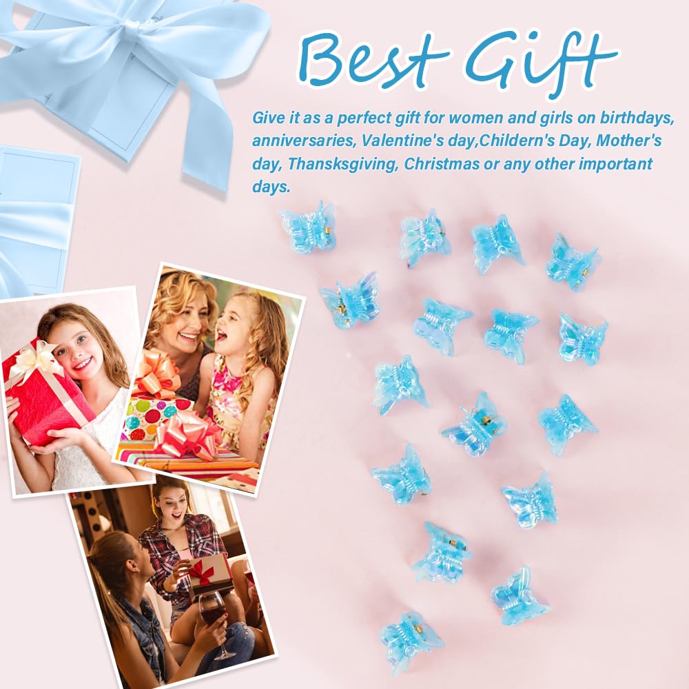AHONEY blue butterfly clip worn with party outfits for added sparkle.