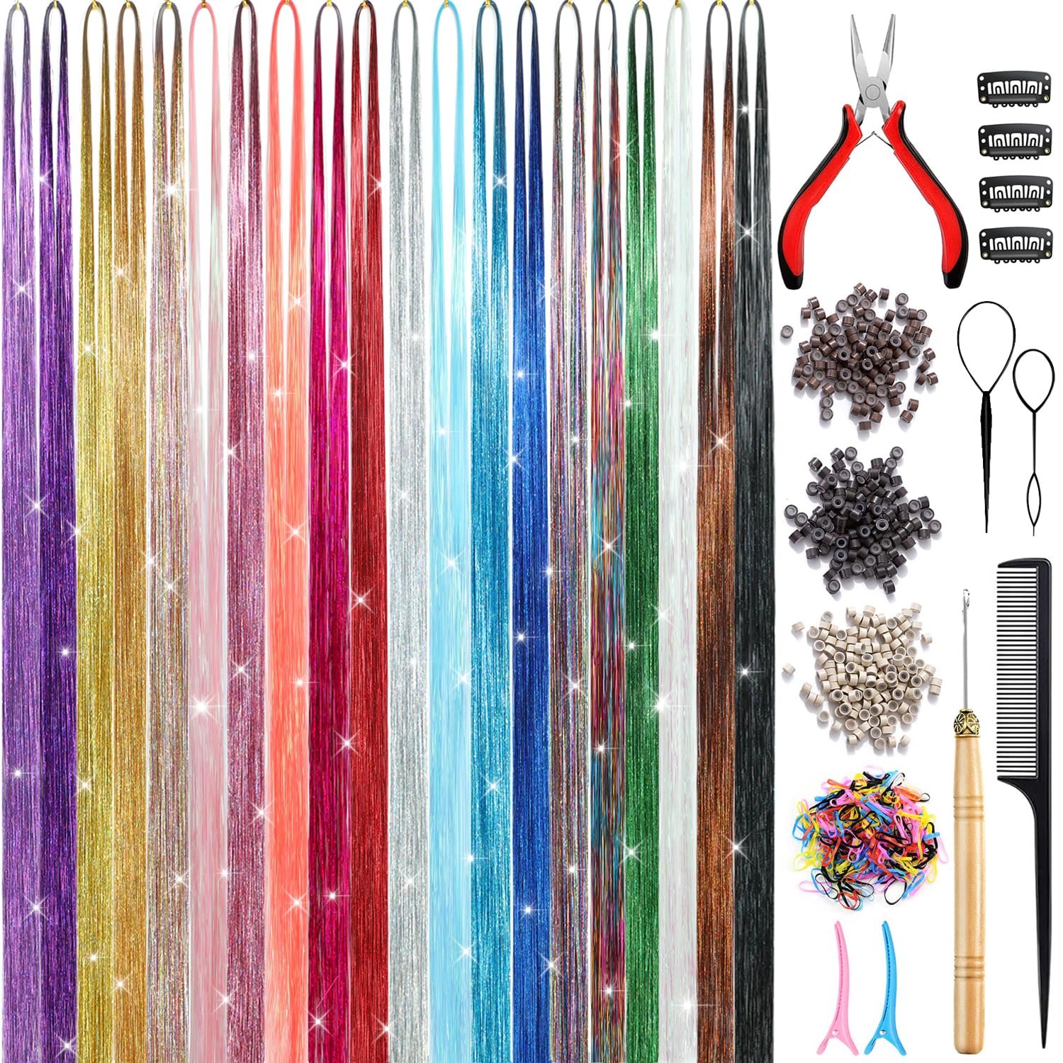 AIAIZHQH Hair Tinsel Kit shows 20 colors for versatile outfits.