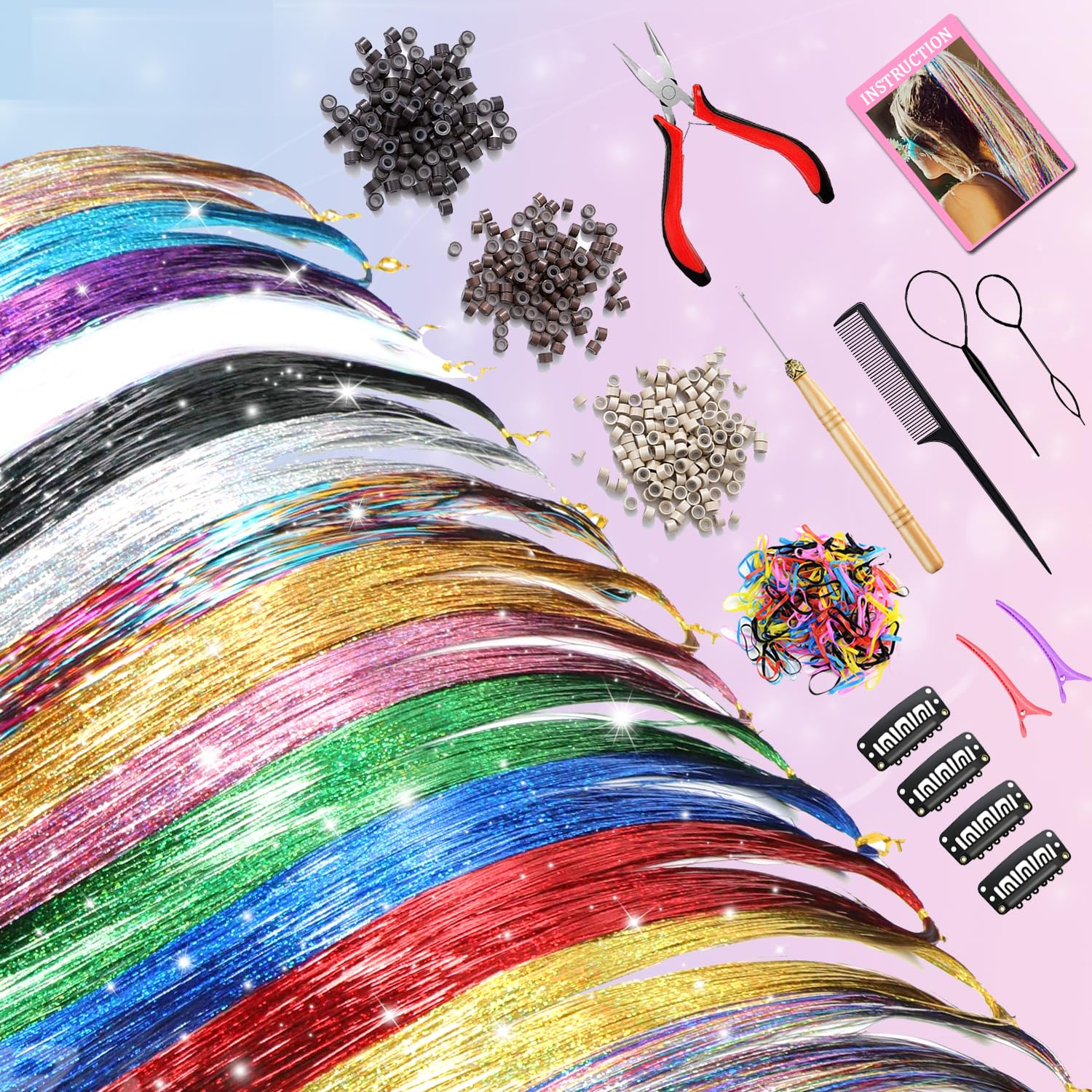 AIAIZHQH Hair Tinsel Kit tools laid out for quick application.