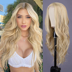 Aida ble mixed blonde long-wave wig 26 inches, natural color and volume.