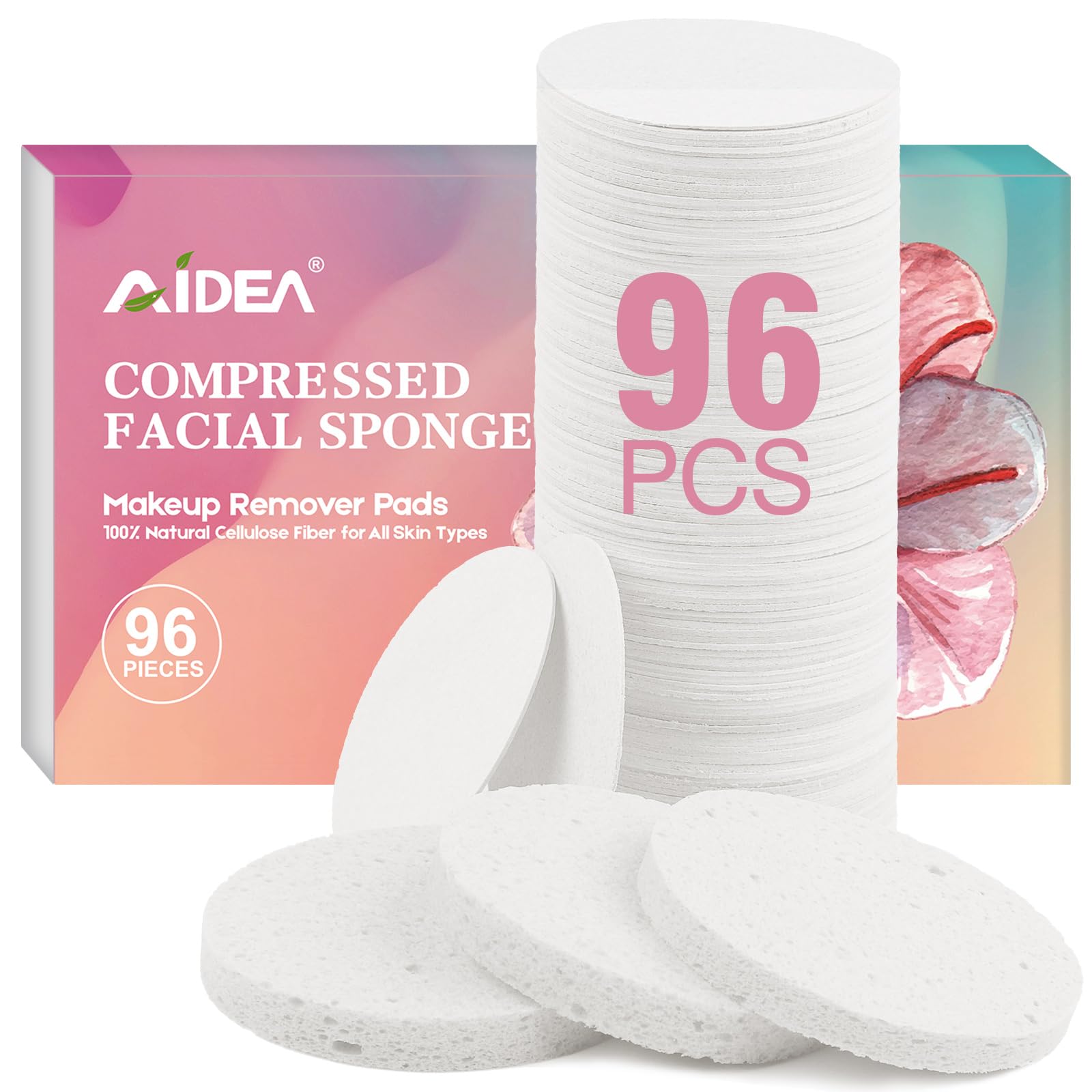 AIDEA compressed facial sponge, round white, ideal for gentle cleansing and exfoliation.