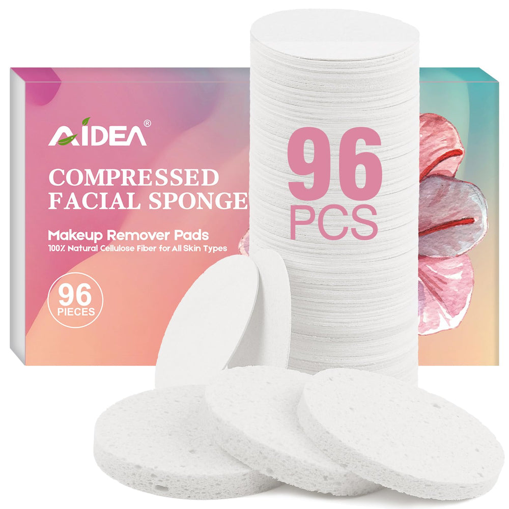 AIDEA compressed facial sponge, round white, ideal for gentle cleansing and exfoliation.