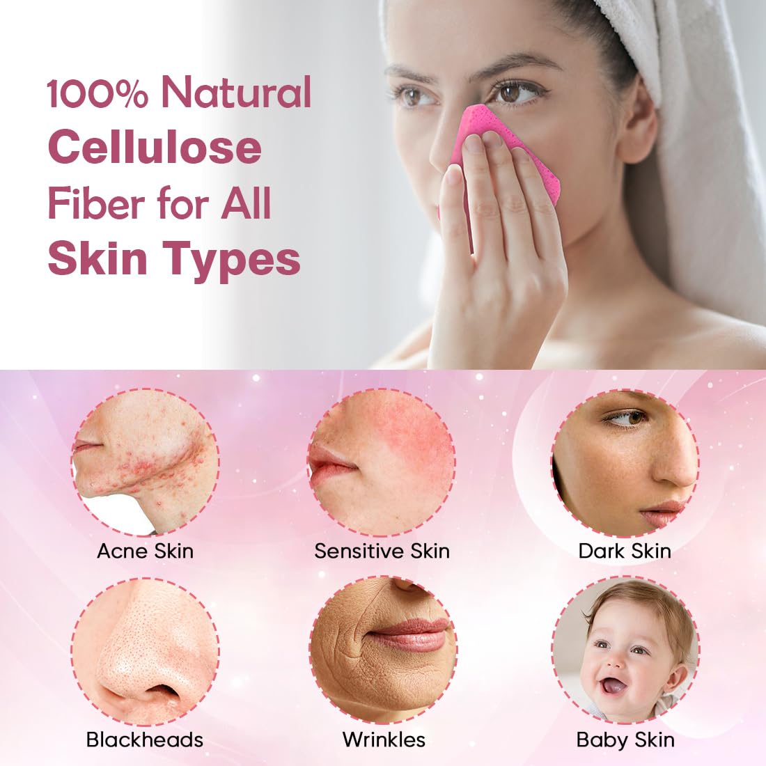 Close-up of AIDEA pink sponges expanding when wet for skincare.