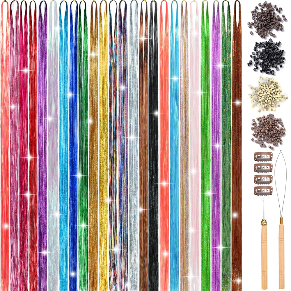 AIFIHIYI 24-color hair tinsel kit 48 inches for vibrant, customizable sparkle.
