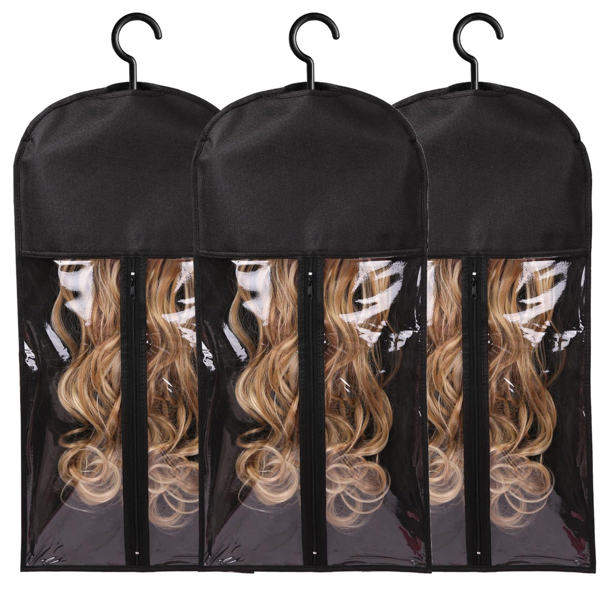 AIHOPESTO 3-piece wig storage bags with hanger keep wigs organized, ready to wear.