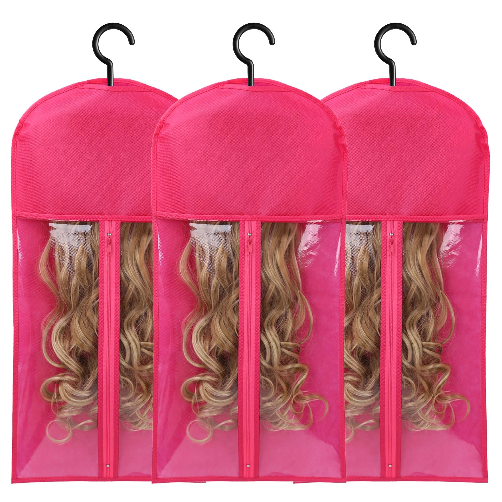 AIHOPESTO wig storage bag with hanger, transparent front for quick wig ID.