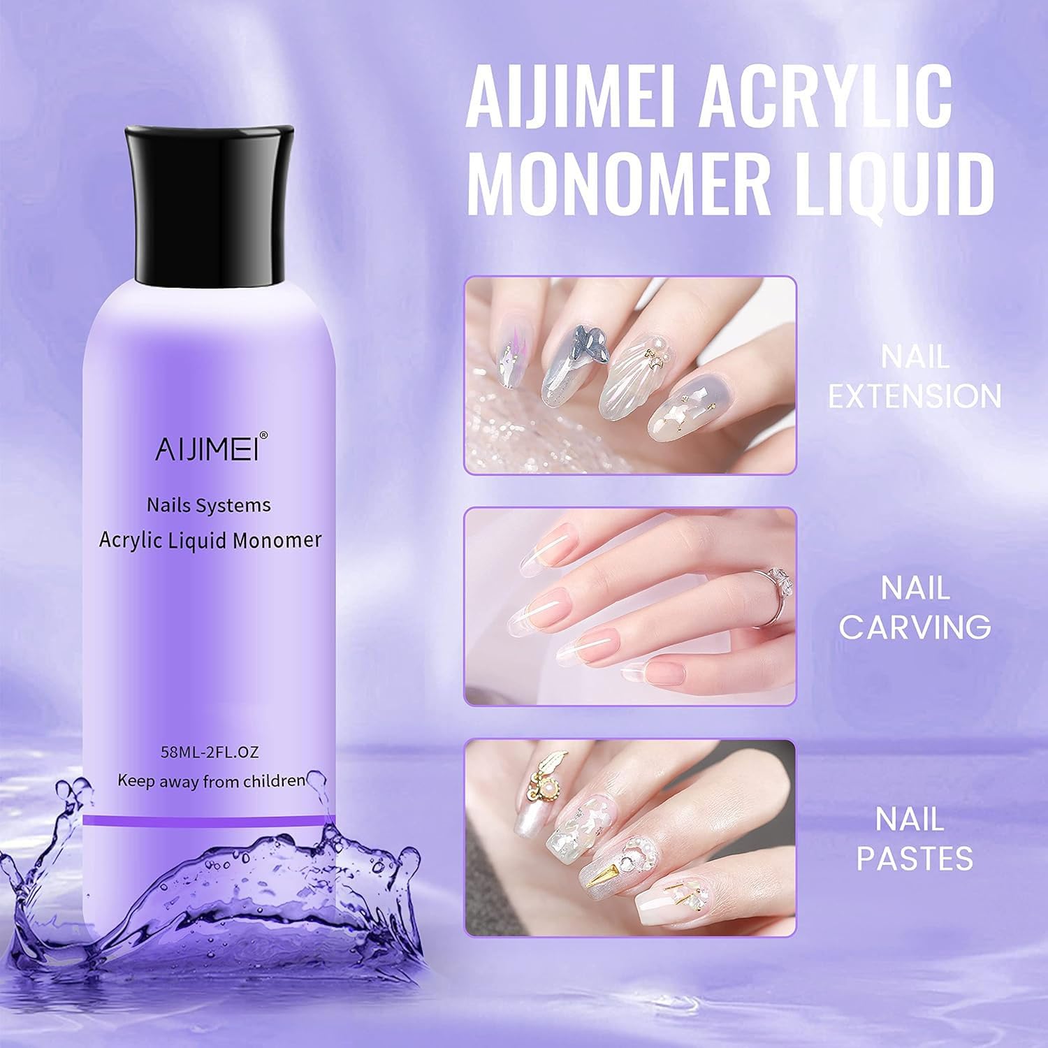AIJIMEI líquido acrílico 58ml, textura de bajo olor, ideal para salones.