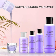 AIJIMEI líquido acrílico 58ml, vista lateral, aplicación precisa para arte de uñas.