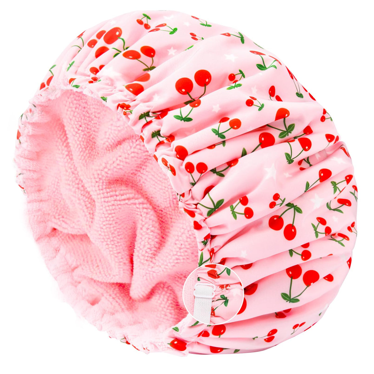Gorro de ducha Aileam con cereza rosa, ideal para cabello limpio.
