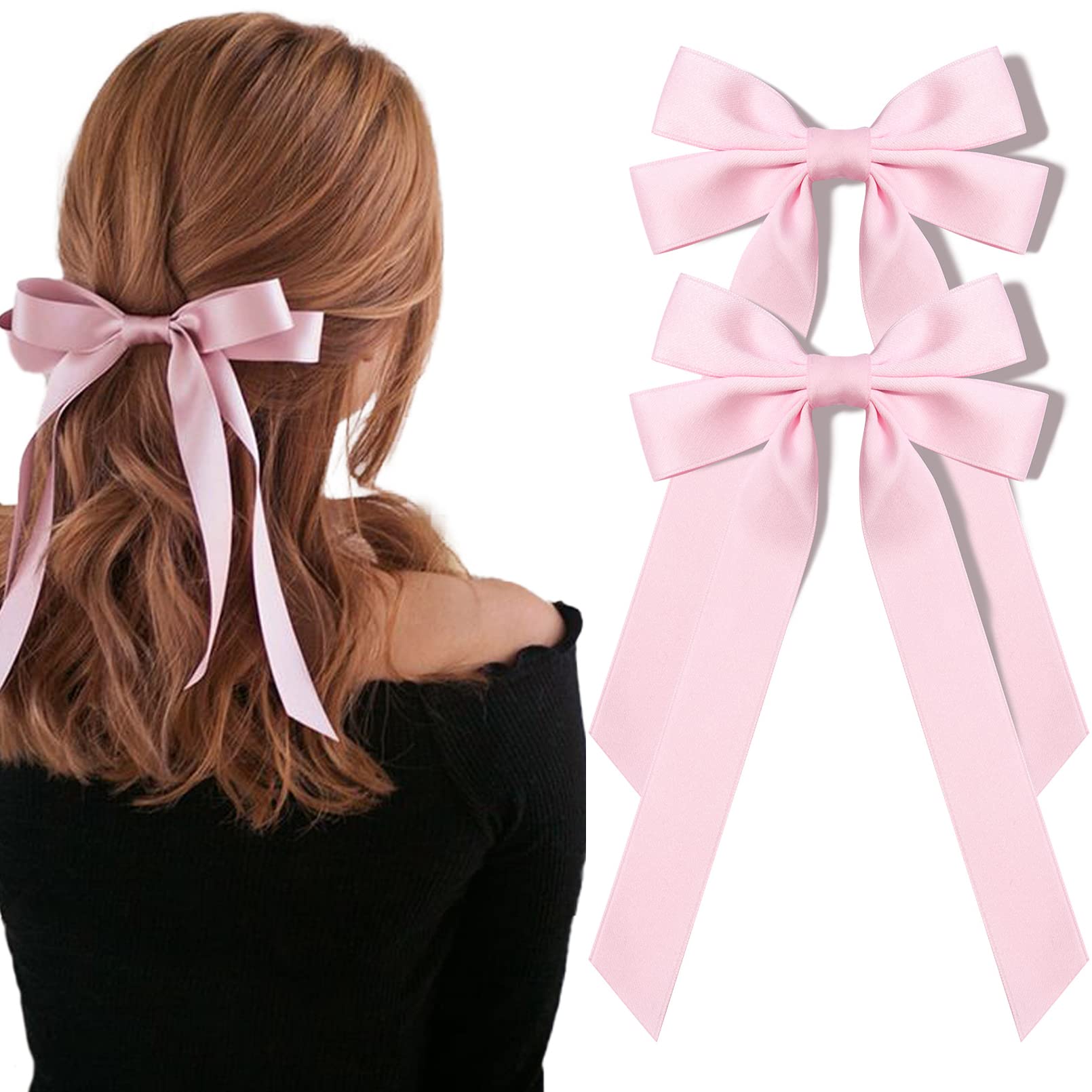 Aileam pink silky satin bow with an alligator clip for secure ponytails.