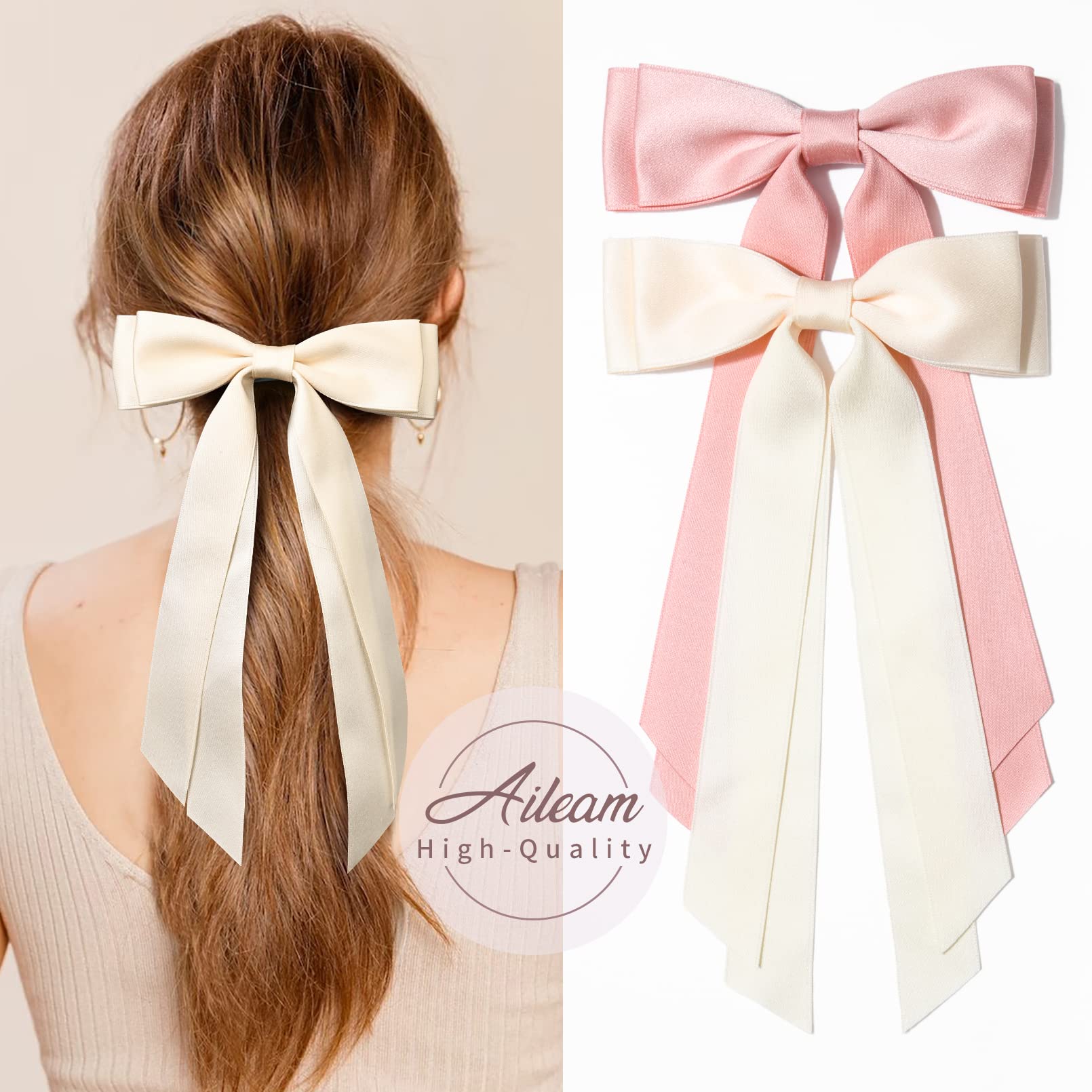 Aileam oversized satin bow in beige-pink perfect for ponytails