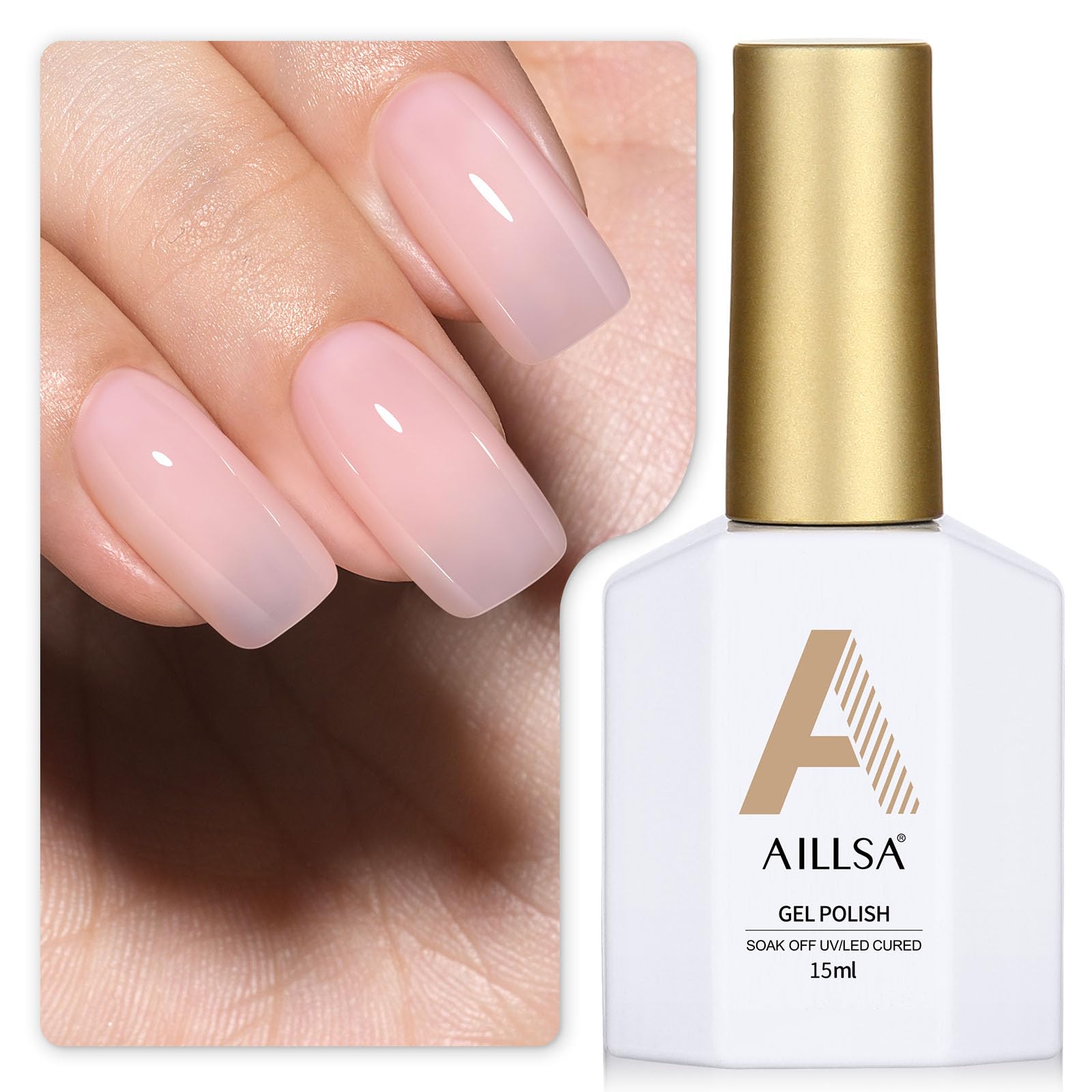 Esmalte gel AILLSA rosa lechoso en botella, acabado translúcido para uñas naturales.