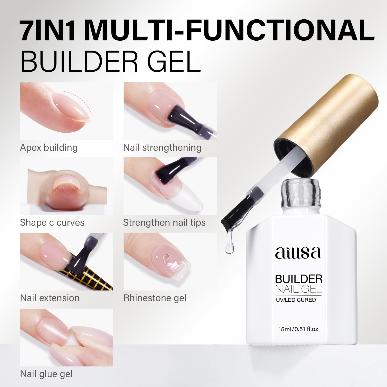 Extensión de uñas con AILLSA gel builder claro para elongación controlada.