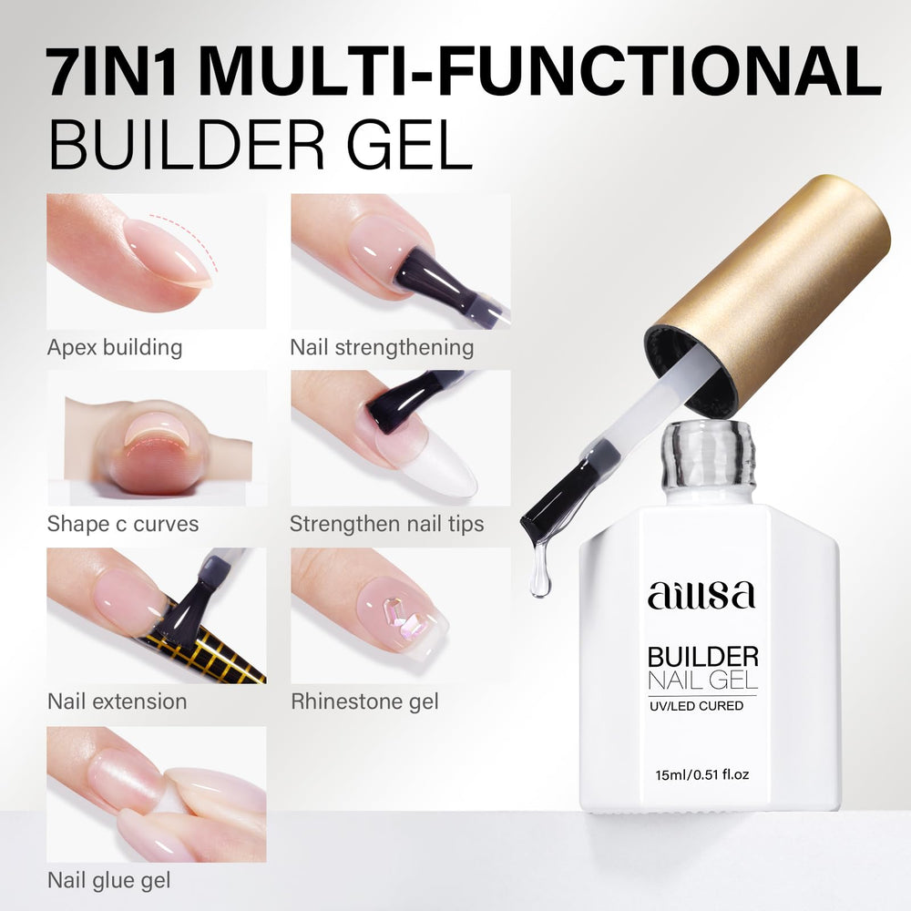 Extensión de uñas con AILLSA gel builder claro para elongación controlada.