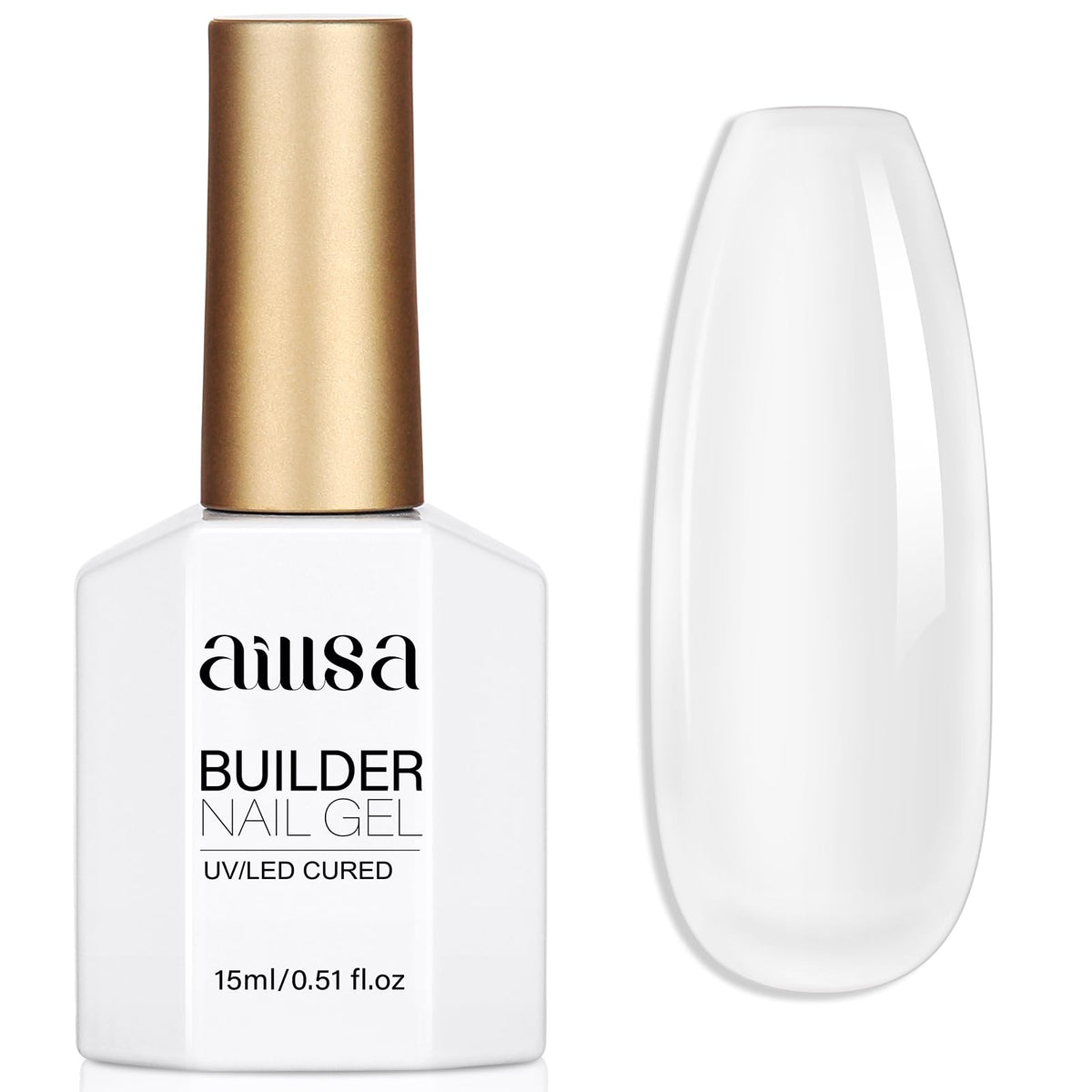 Gel builder claro de AILLSA en botella para un acabado natural y uniforme.