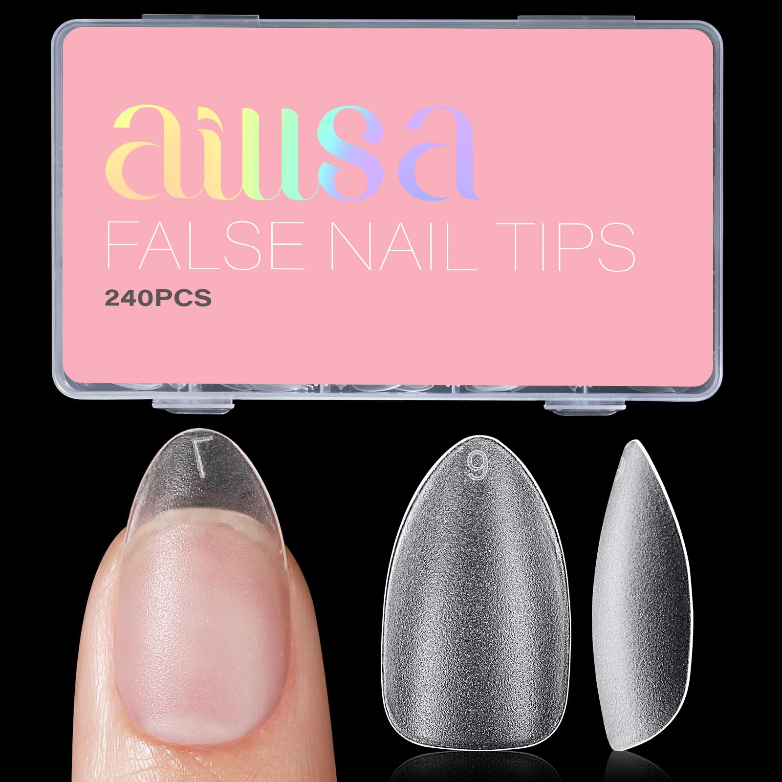 AILLSA short almond nail tips box front view showing compact packaging and pink storage