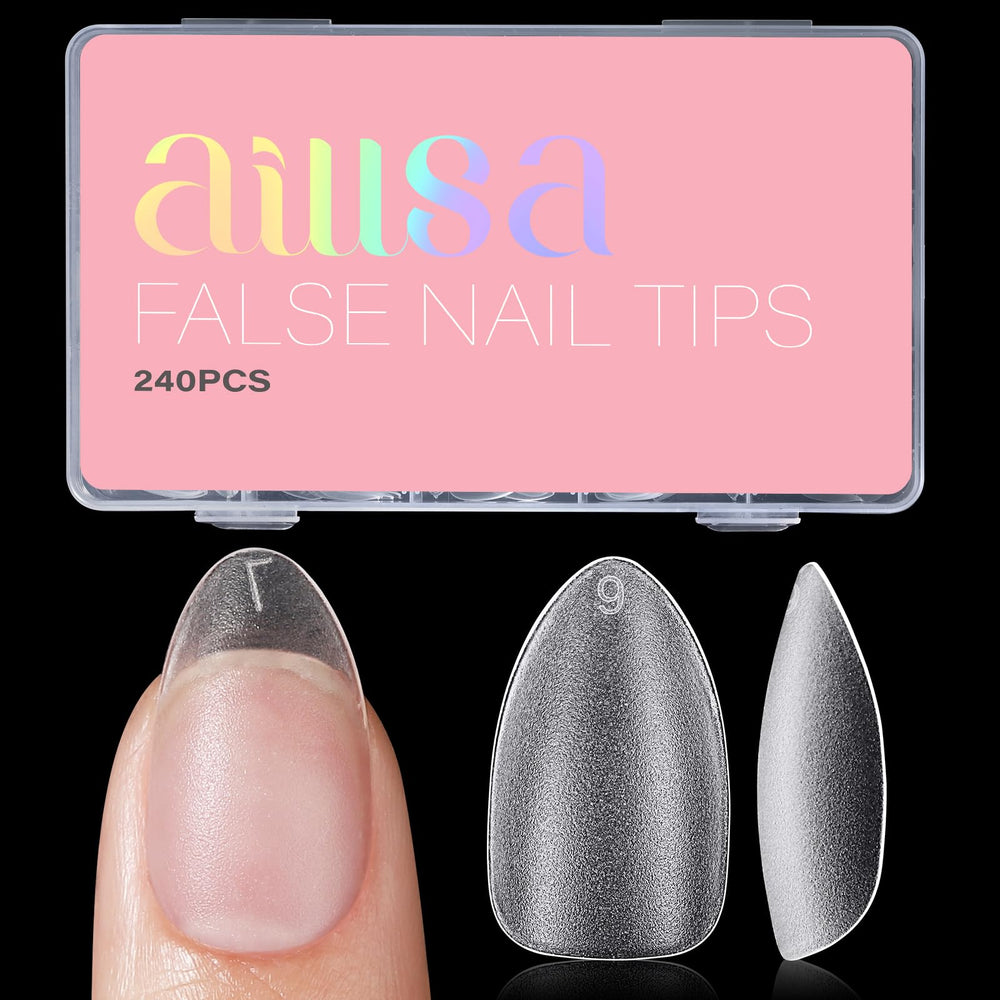 AILLSA short almond nail tips box front view showing compact packaging and pink storage