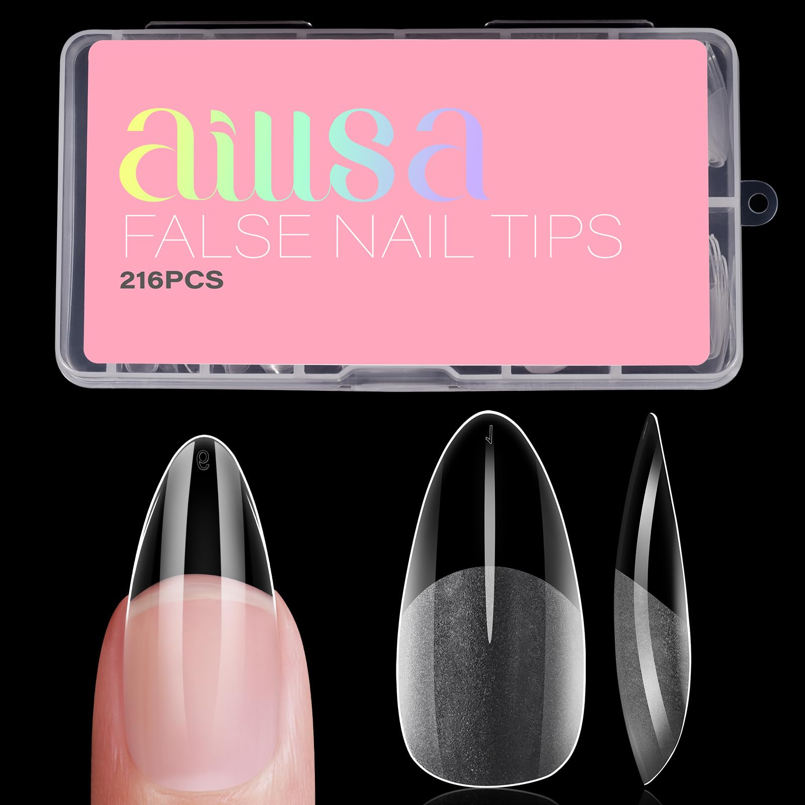 AILLSA tapas de uñas media almendra transparentes para un look natural.