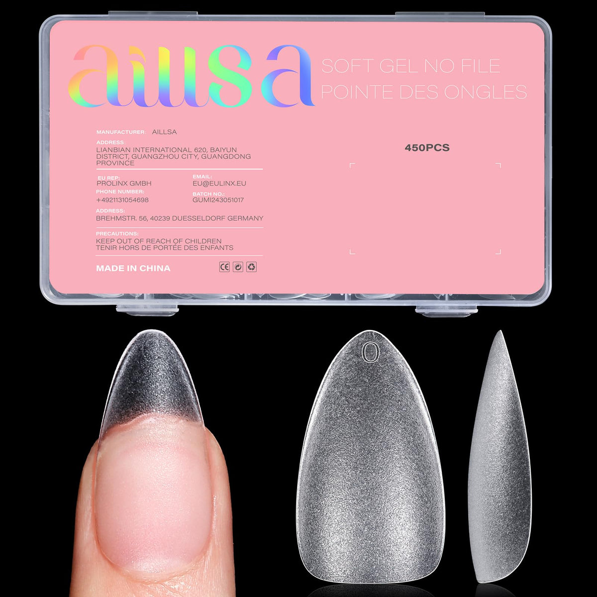 AILLSA tips uñas almendra 450 piezas, doble mate para aplicación rápida y duradera.