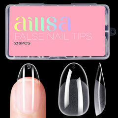 Extensión de uñas AILLSA con tips cortos ovalados, cubierta total transparente para un aspecto natural.