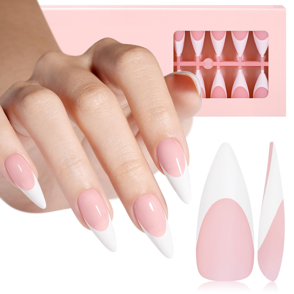 AILLSA uñas gel francesas largas almendra rosado, apariencia natural y aplicación fácil.